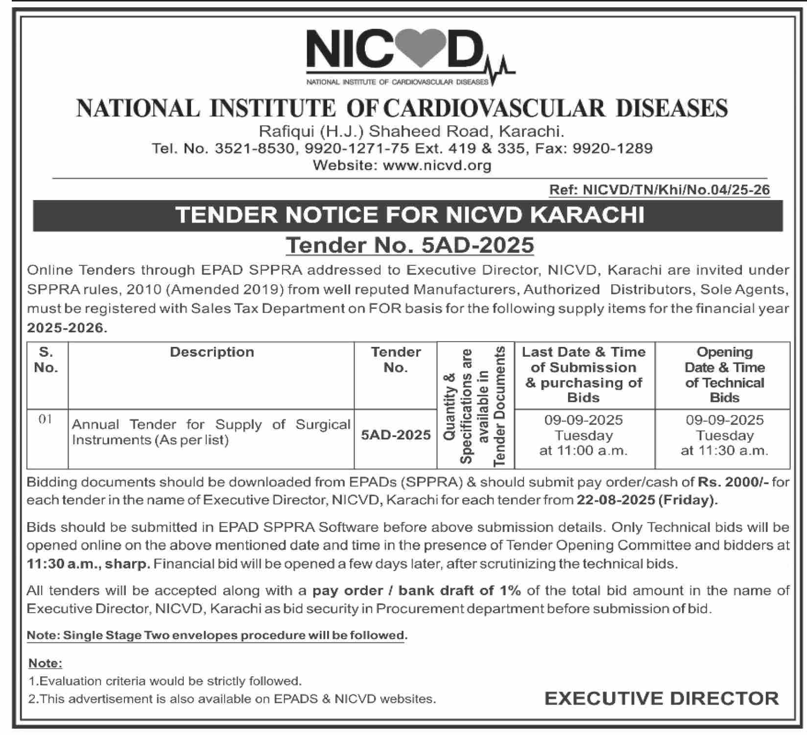 National Institute of Cardiovascular Diseases Karachi Tender Notice